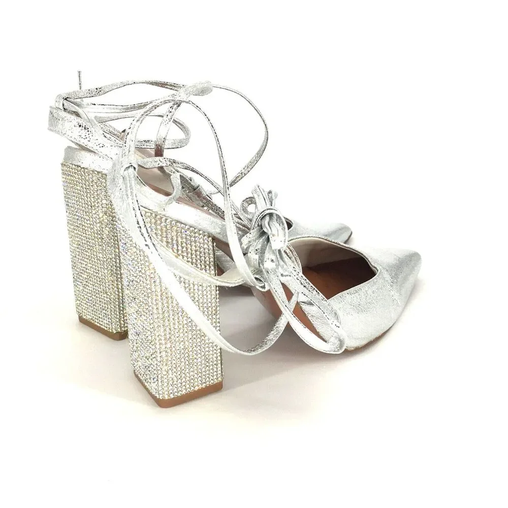 ASOS DESIGN Diamante embellished tie leg block heeled shoes in silver US 6